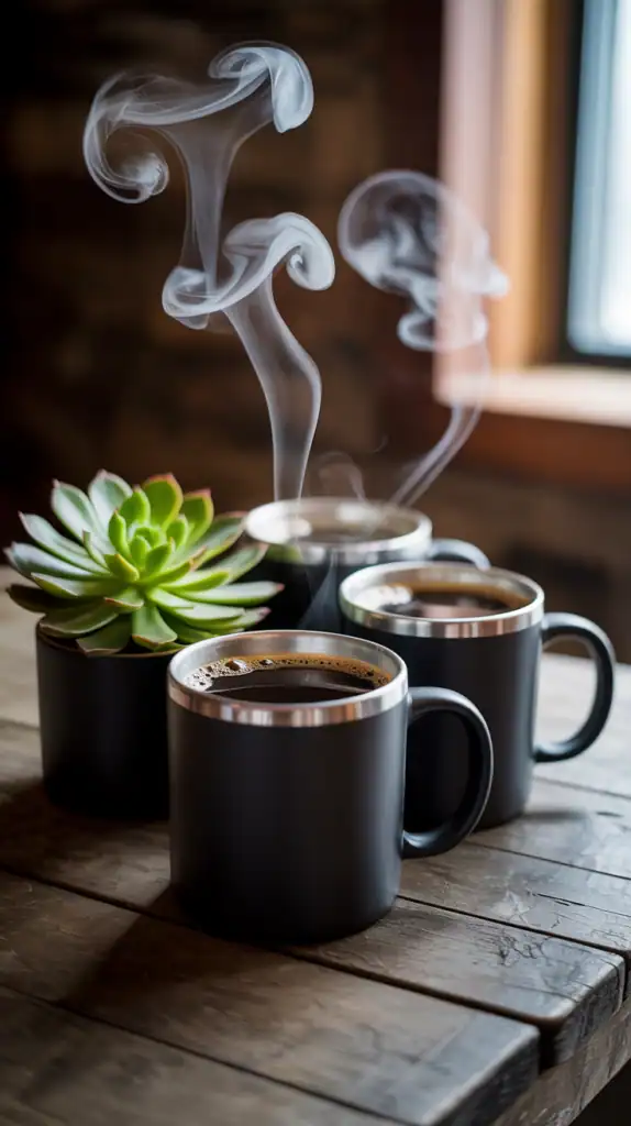 Three black coffee mugs with silver trim and steam on a wooden table beside a succulent.