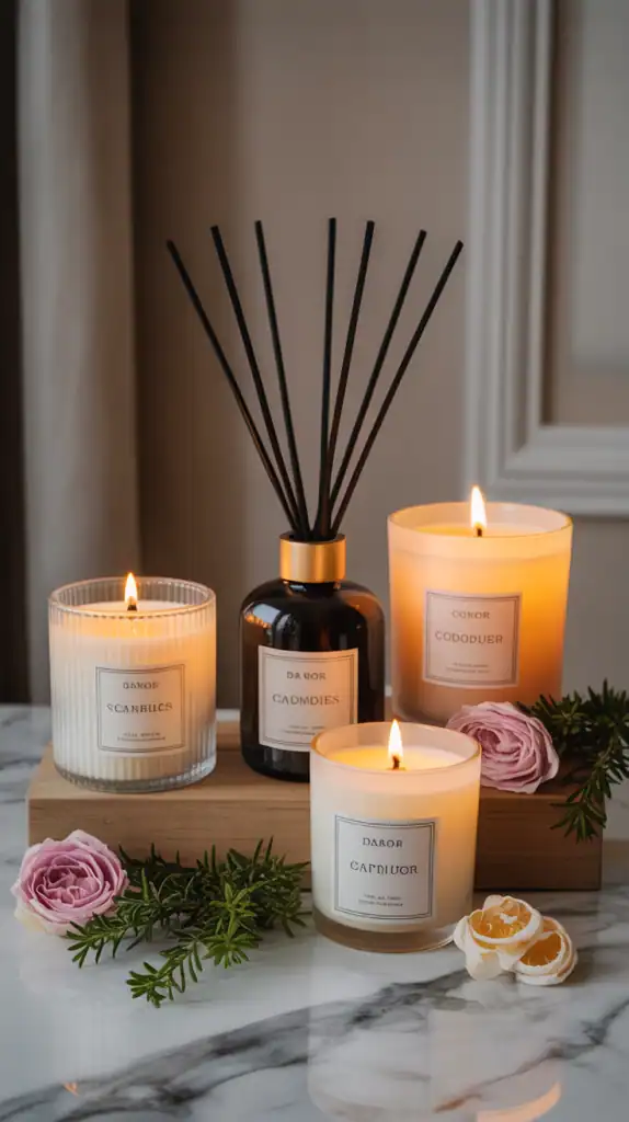 Elegant arrangement of scented candles and diffusers as last-minute gift ideas