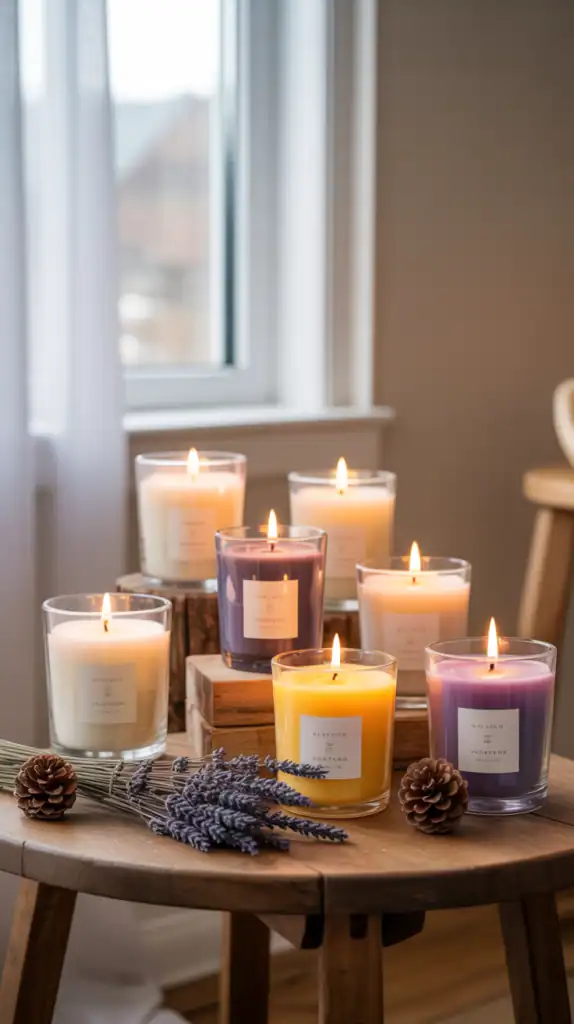 Lit scented candles on a rustic table with lavender, pine cones, and soft light from sheer curtains