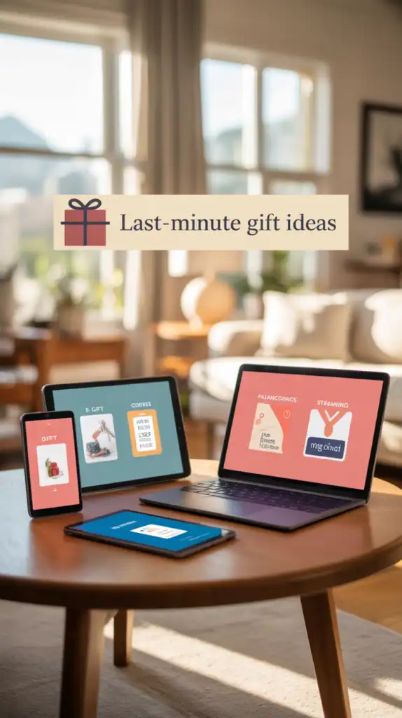 Digital gift options displayed on various devices for last-minute gift ideas
