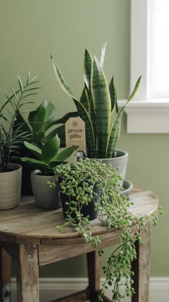 Indoor plants on a rustic table with a "Green Gifts" tag and soft light against a sage wall