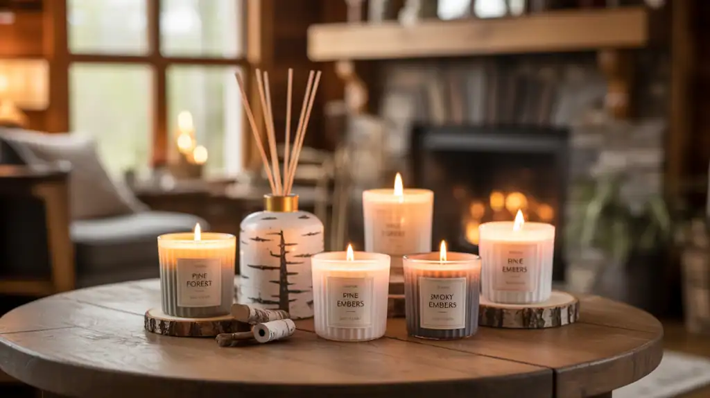 Cabin-inspired scented candles and diffuser creating cozy cabin aesthetic through fragrance
