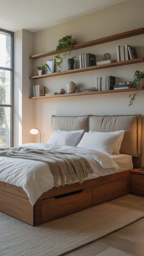 A stylish bedroom with smart storage solutions, featuring a bed with drawers and a wooden shelving unit.