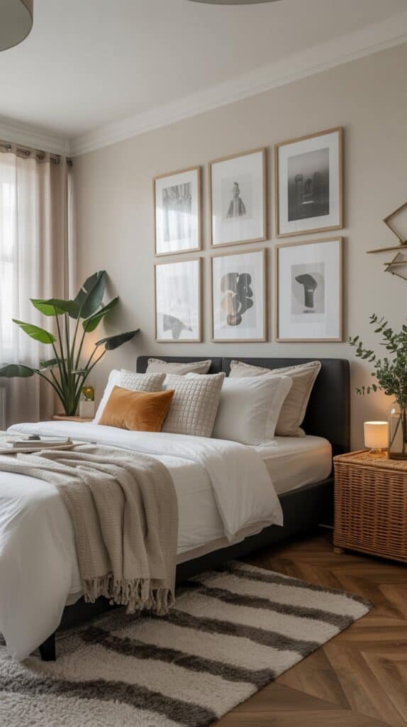 A stylish bedroom with a gallery wall of framed art, a neatly made bed, and cozy decor elements.