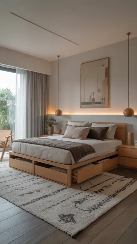 A modern bedroom with a bed featuring built-in storage drawers, light wood furniture, and a cozy rug.