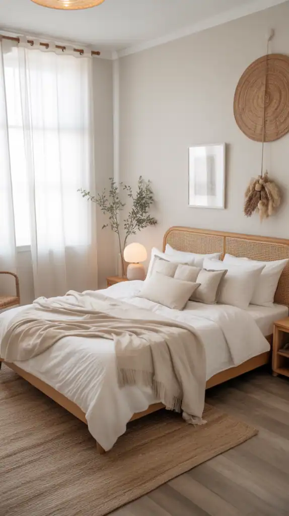 A bright and airy bedroom with neutral color scheme, featuring soft white walls, a cozy bed, and natural decor elements.
