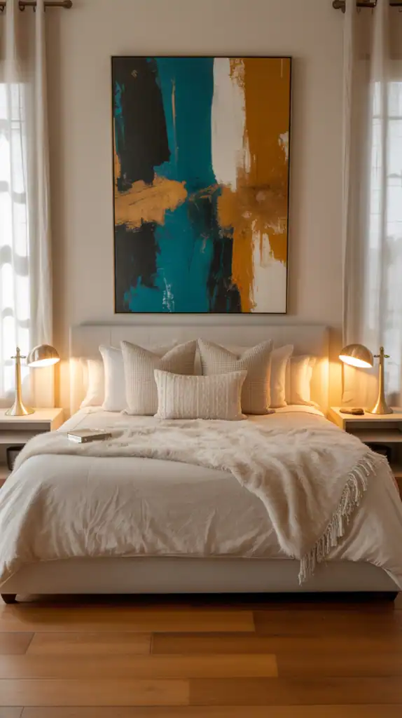A stylish bedroom featuring a bold art piece above the bed, warm wood tones, and cozy bedding.
