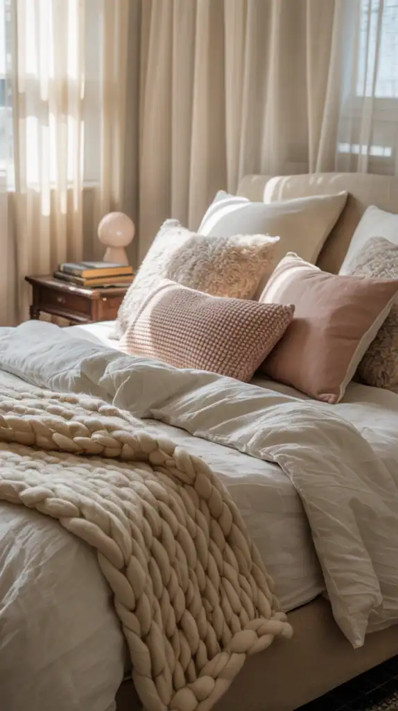 A cozy bed with layered textures, featuring soft pillows and blankets in warm tones.