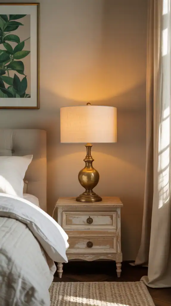 A cozy bedroom with warm lighting, featuring a bedside lamp and a leaf artwork on the wall.