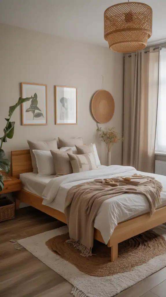 A cozy bedroom featuring wooden furniture, soft textiles, and natural decor elements.