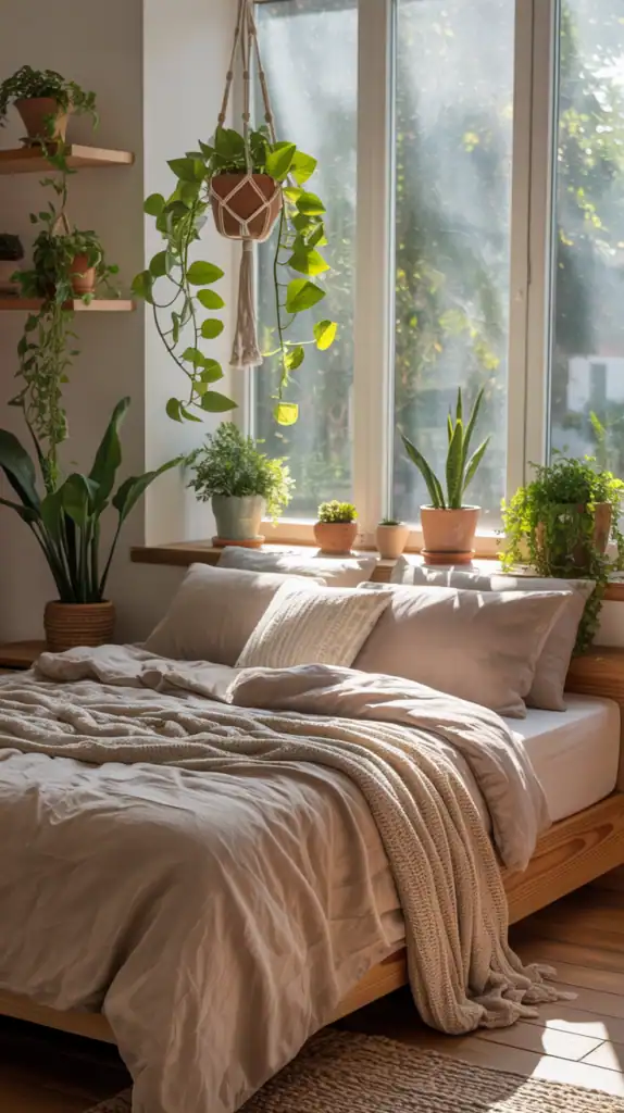 A cozy bedroom with various plants, including a hanging plant, on window sills and shelves, creating a fresh atmosphere.
