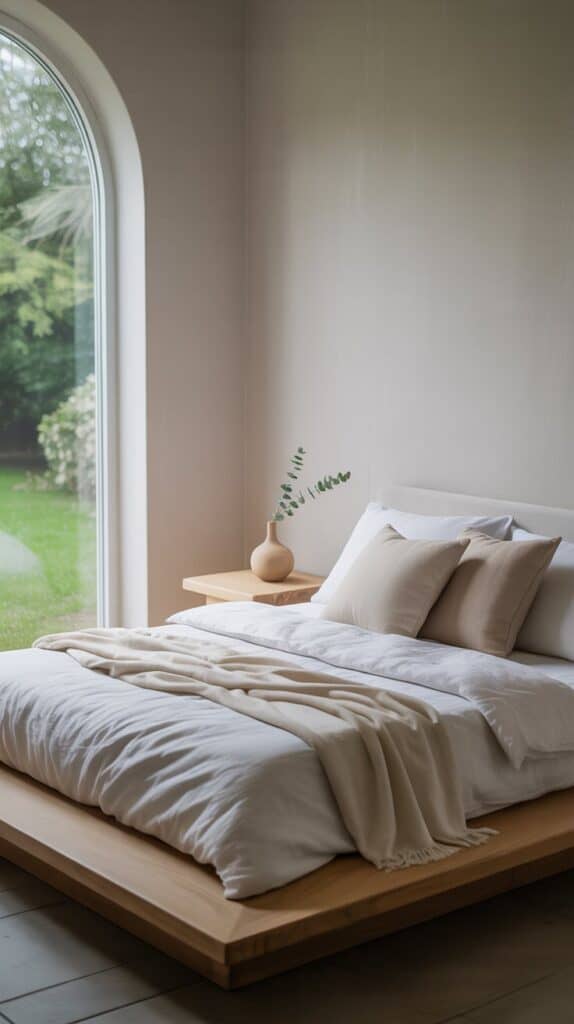 A minimalist bedroom featuring a bed with white linens, light-colored walls, and simple wooden furniture.