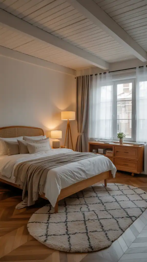 A cozy bedroom with a large, soft rug, light curtains, and wooden furniture.