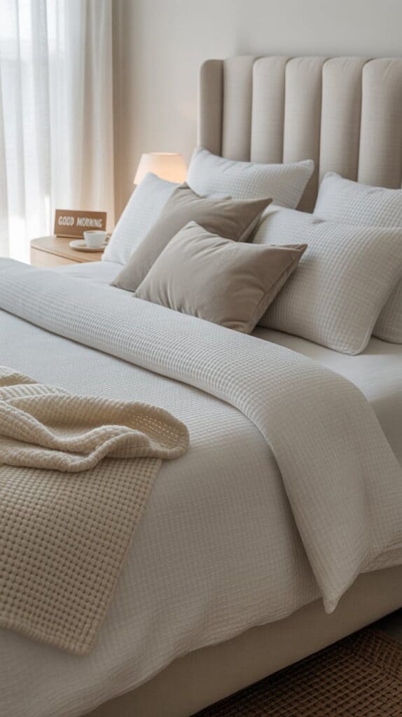 A neatly made bed with white bedding and fluffy pillows, showcasing a simple and elegant bedroom style.
