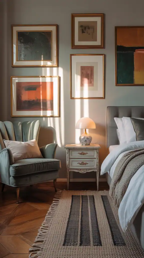 A stylish bedroom featuring a mix of vintage and modern furniture, with artwork on the walls and a cozy atmosphere.
