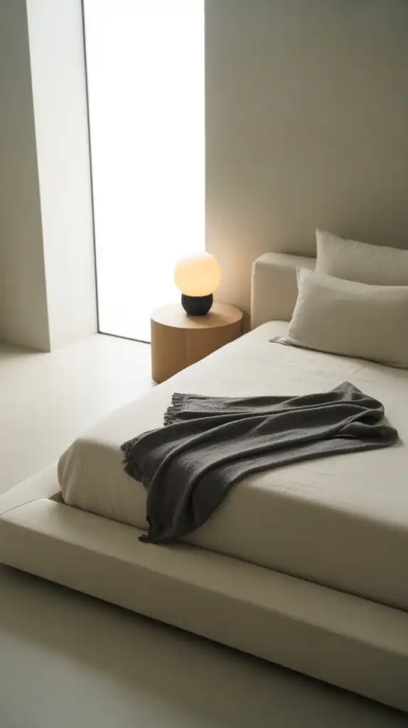 A minimalist bedroom with a single bed, a bedside table, and a lamp, showcasing a clutter-free design.