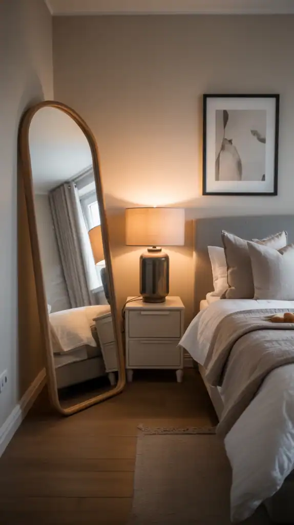 A cozy bedroom featuring a tall mirror beside a bed with white bedding and a lamp on a nightstand.