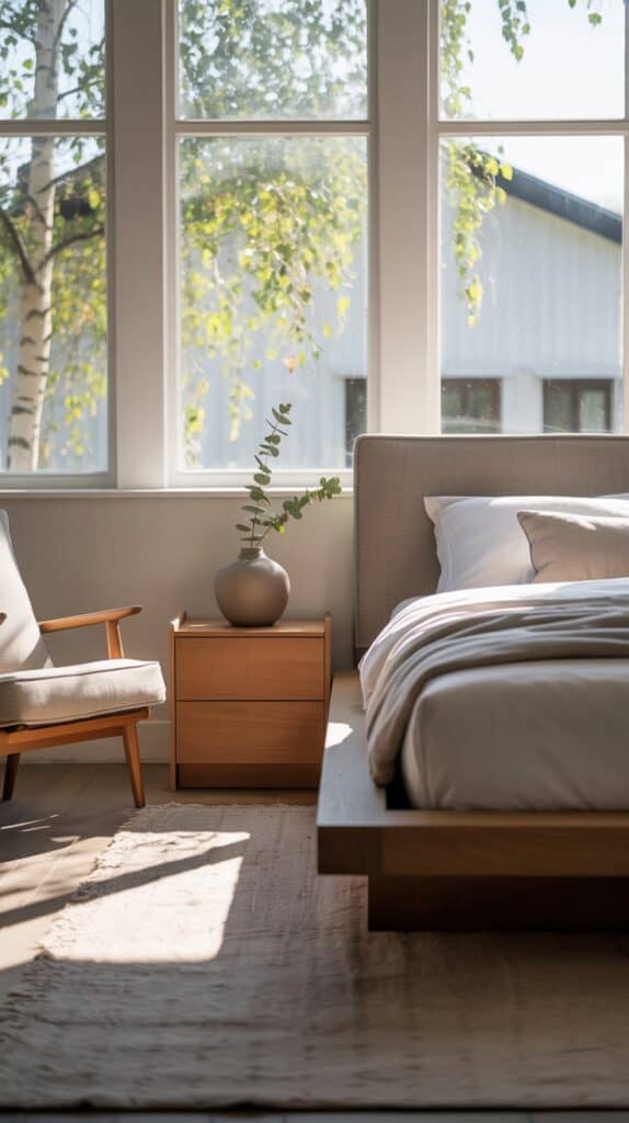 A modern Stockholm-style bedroom featuring functional furniture with a bed that has built-in storage drawers, a simple bedside table, and a stylish chair.