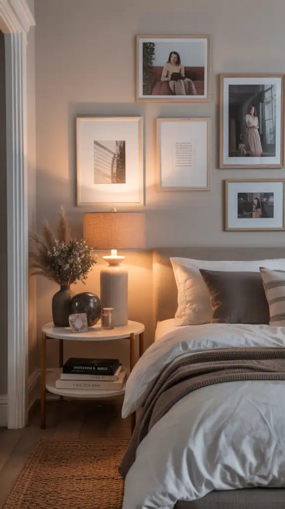 A cozy bedroom corner featuring a wall of framed photos and art, a side table with decor, and a neatly made bed.