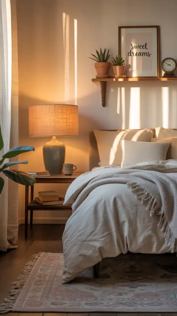 A cozy bedroom with a wall-mounted shelf, a bed, and a bedside table.