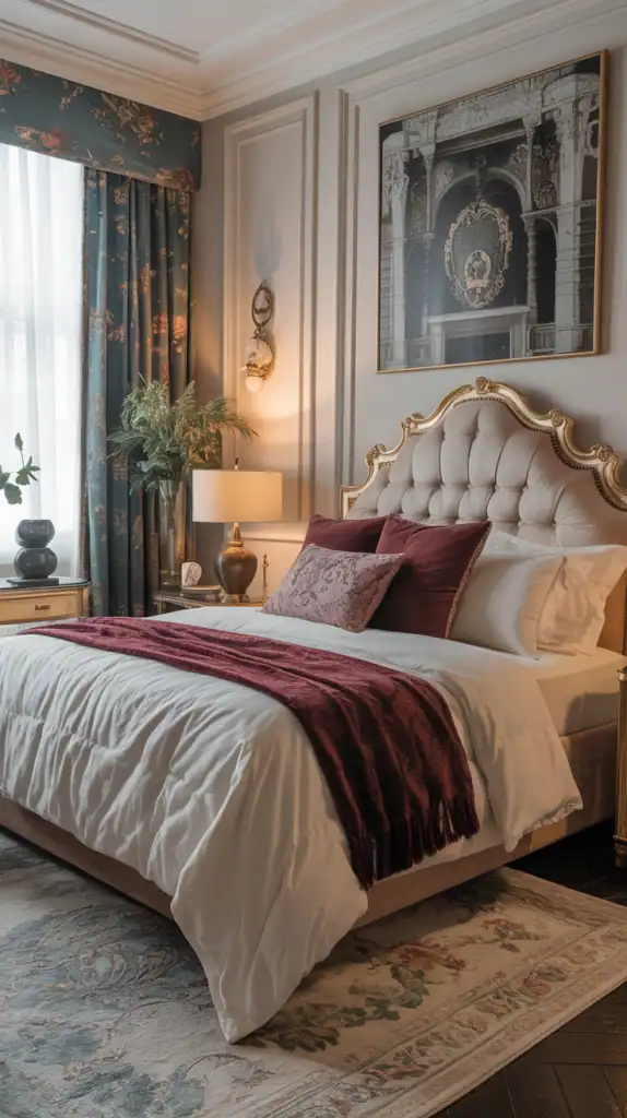 Luxurious bedroom featuring a plush bed with a burgundy throw, elegant headboard, decorative pillows, and a piece of art on the wall.