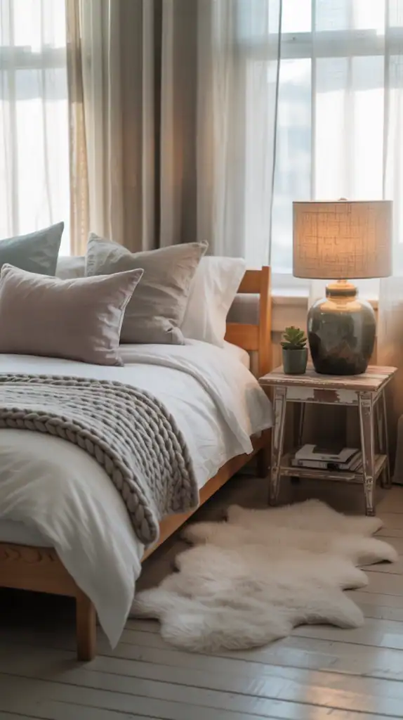 A cozy Stockholm style bedroom featuring a balanced layout with wooden furniture, a soft rug, and decorative items.