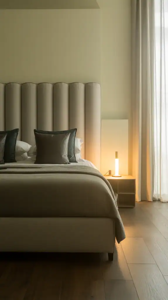 Stylish bedroom featuring a modern gray upholstered headboard, warm wood flooring, and elegant lighting.
