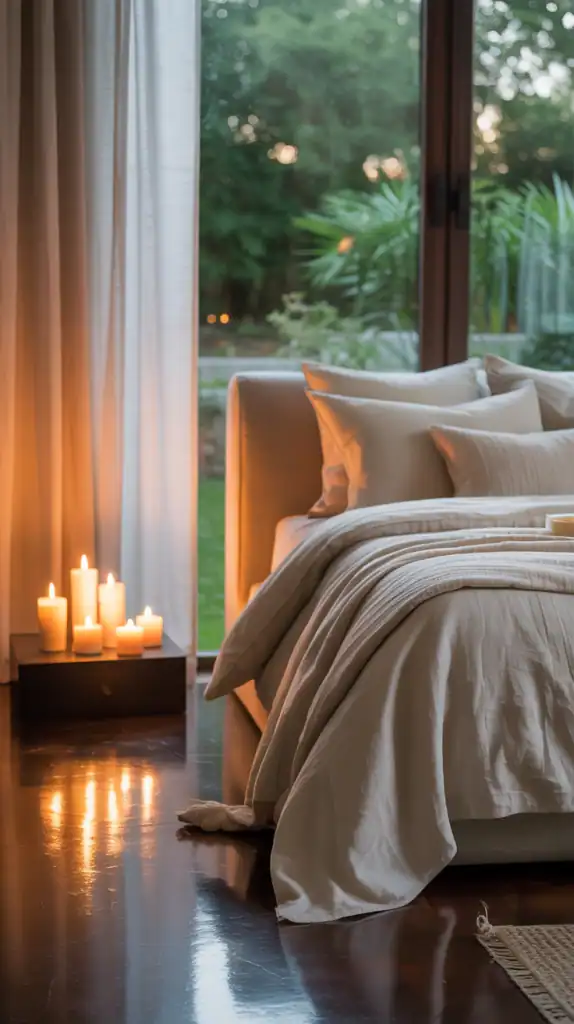 A calming bedroom scene with candles, soft bedding, and natural light.