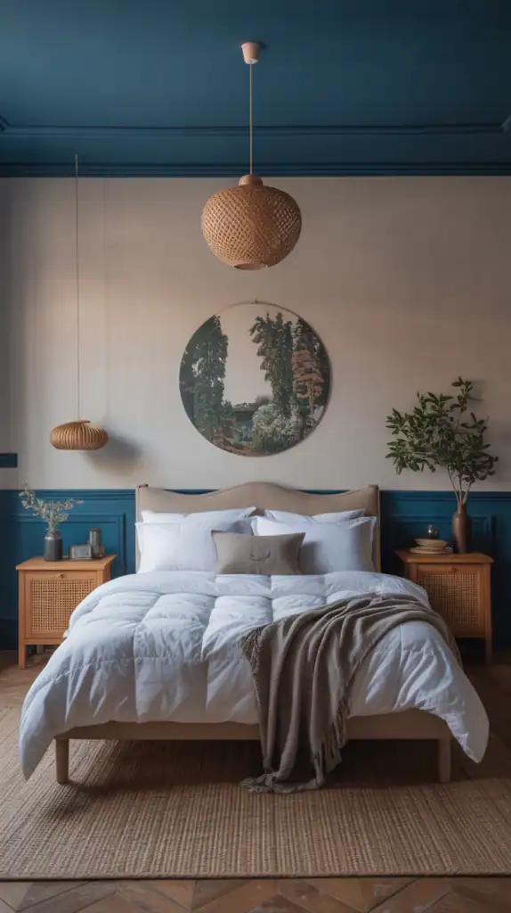 A stylish bedroom with a light wall and dark blue ceiling, featuring a cozy bed and wooden furniture.