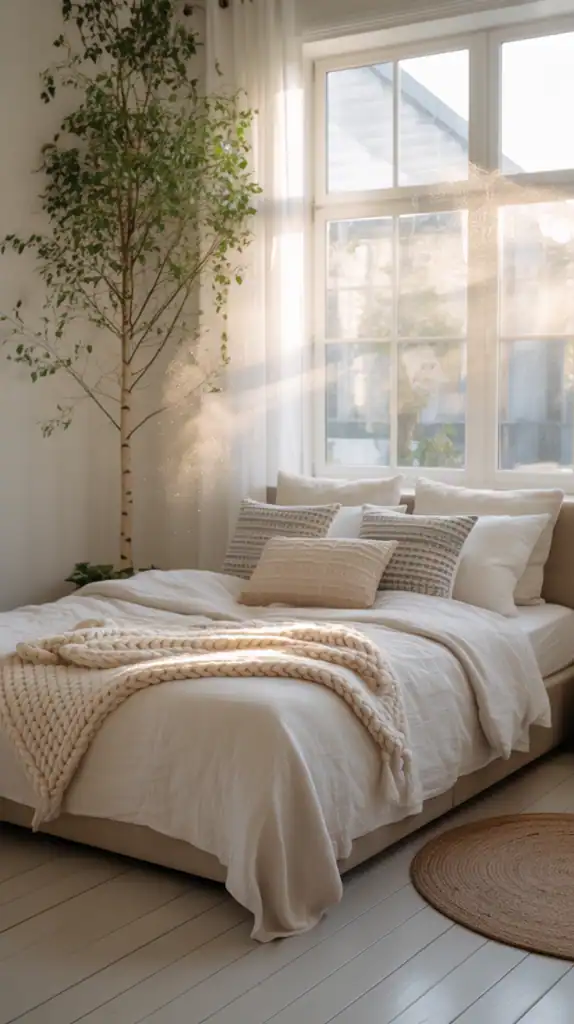A bright and cozy Stockholm-style bedroom featuring a comfortable bed, soft bedding, and natural light.