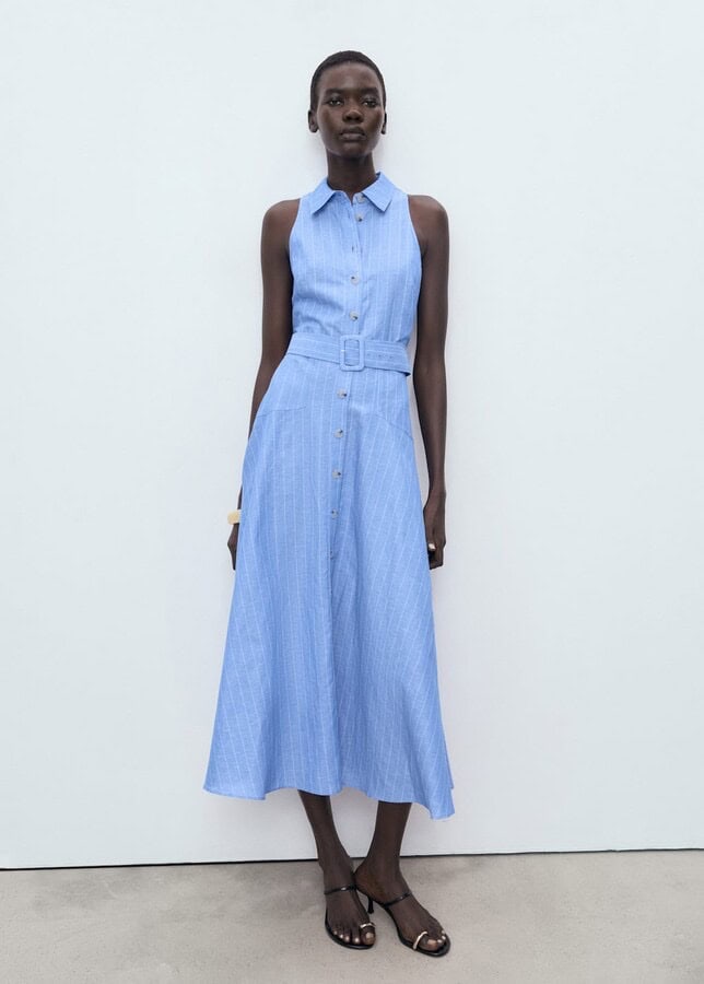 A striped linen-blend shirt dress with button-down front and waist tie.