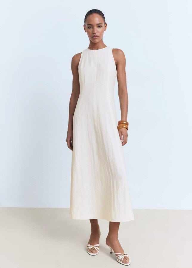 A tailored white midi dress with a flared skirt and fitted waistline.