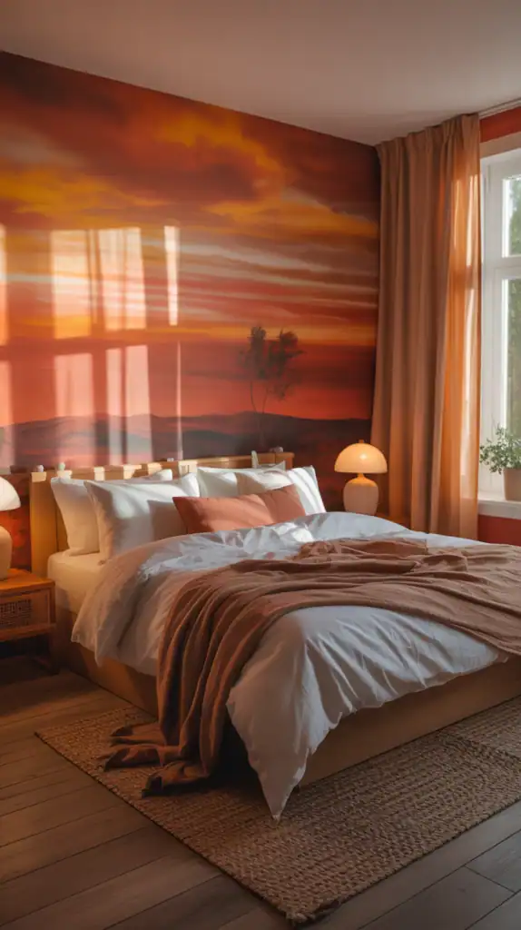 A cozy bedroom with sunset orange walls, soft bedding, and warm light filtering through curtains.