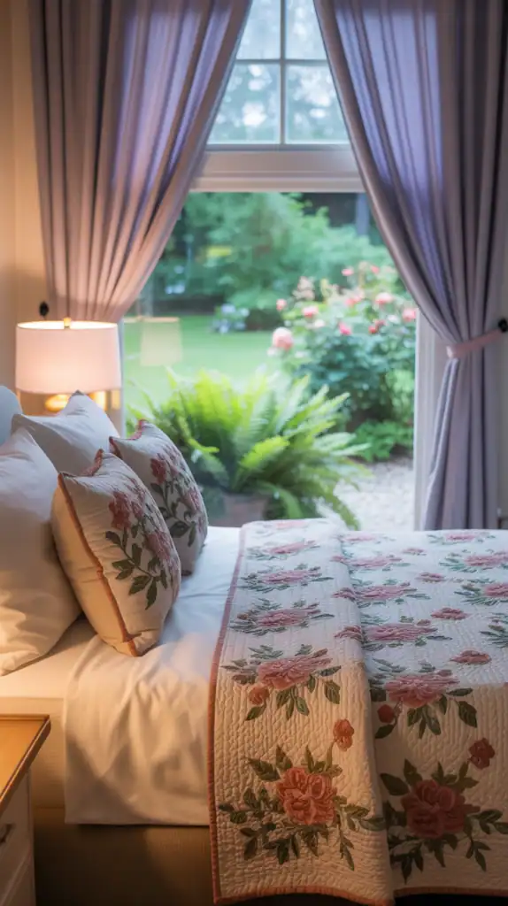 A serene bedroom with lavender curtains, soft pillows, and a view of greenery through a large window.