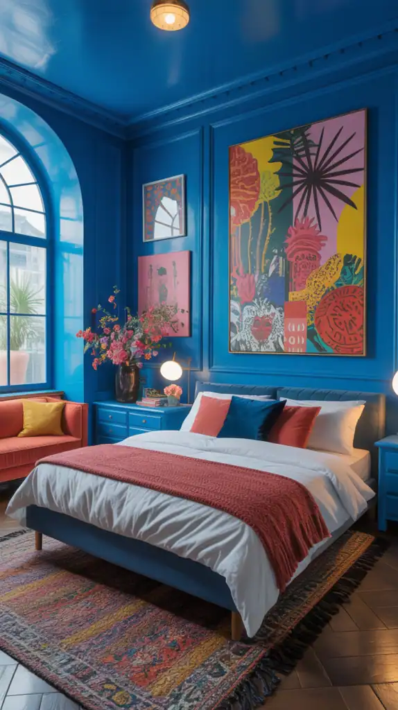 A vibrant bedroom with electric blue walls, colorful artwork, a cozy sofa, and warm lighting.