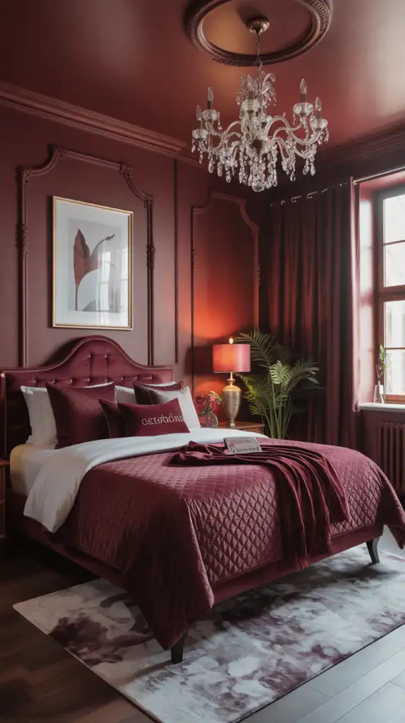 A rich burgundy bedroom featuring a chandelier, plush bedding, and elegant decor.