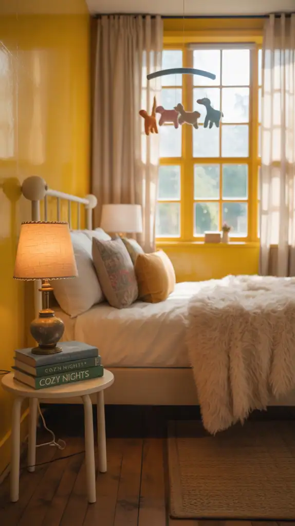 A bright yellow bedroom featuring a cozy bed, playful decor, and warm wooden furniture.