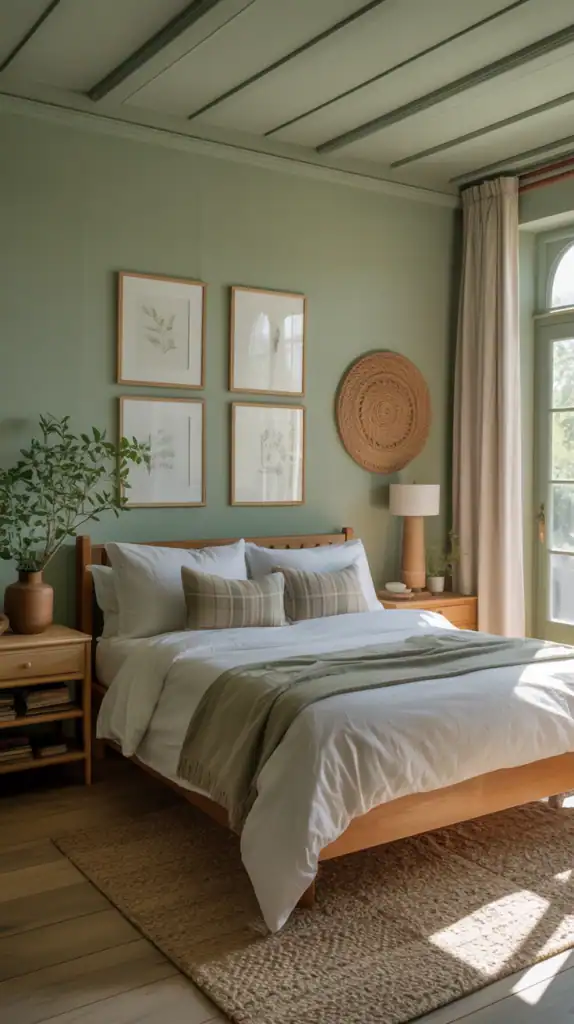 A serene bedroom with sage green walls, wooden furniture, and natural light.