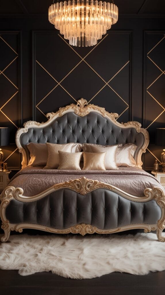 A luxurious bedroom featuring black walls and gold accents, with an ornate bed and chandelier.