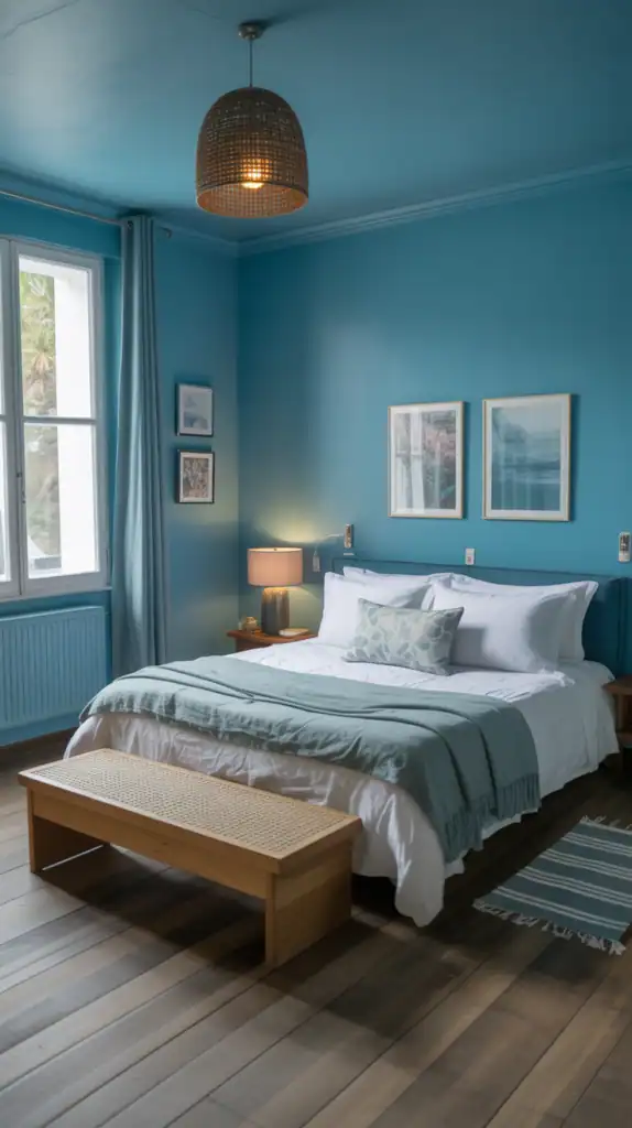 A tranquil bedroom featuring ocean blue walls, a cozy bed with white linens, and natural light illuminating the space.