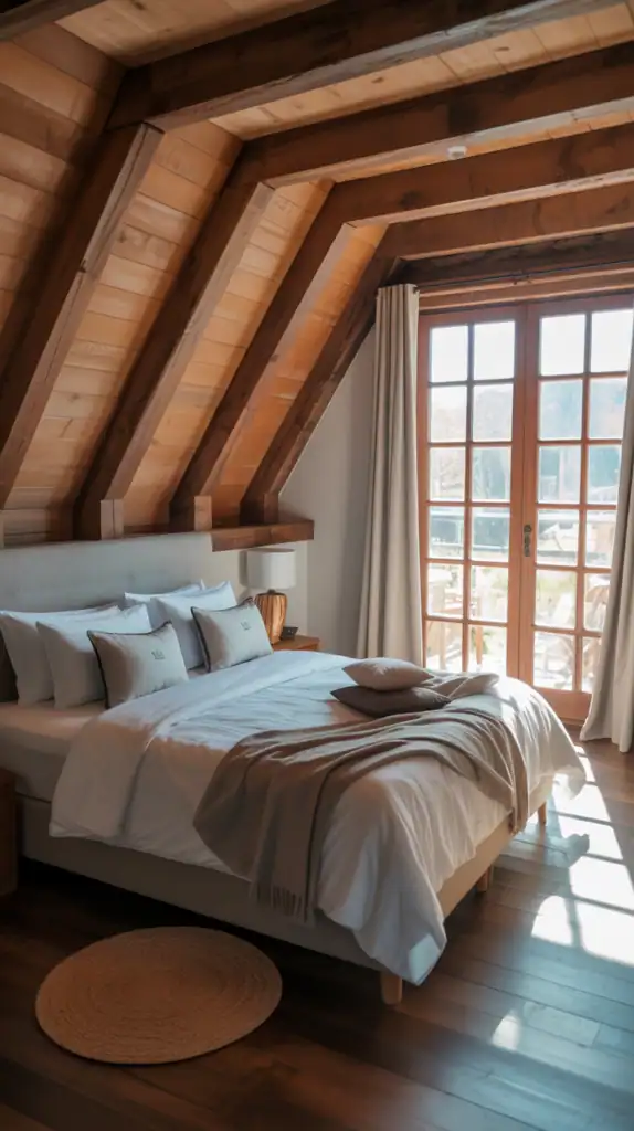 A rustic bedroom featuring wooden beams, a cozy bed with soft pillows, and natural light streaming through a large window.