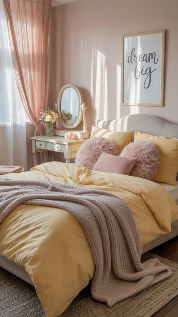 A pastel-themed bedroom with pink walls, yellow bedding, and playful decor.