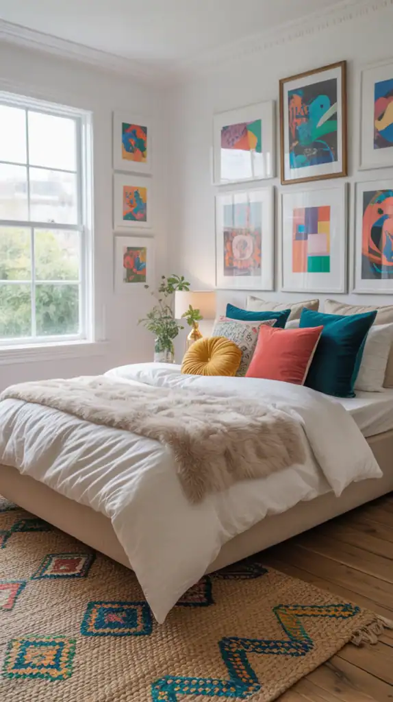 A bright white bedroom featuring colorful artwork and vibrant throw pillows.