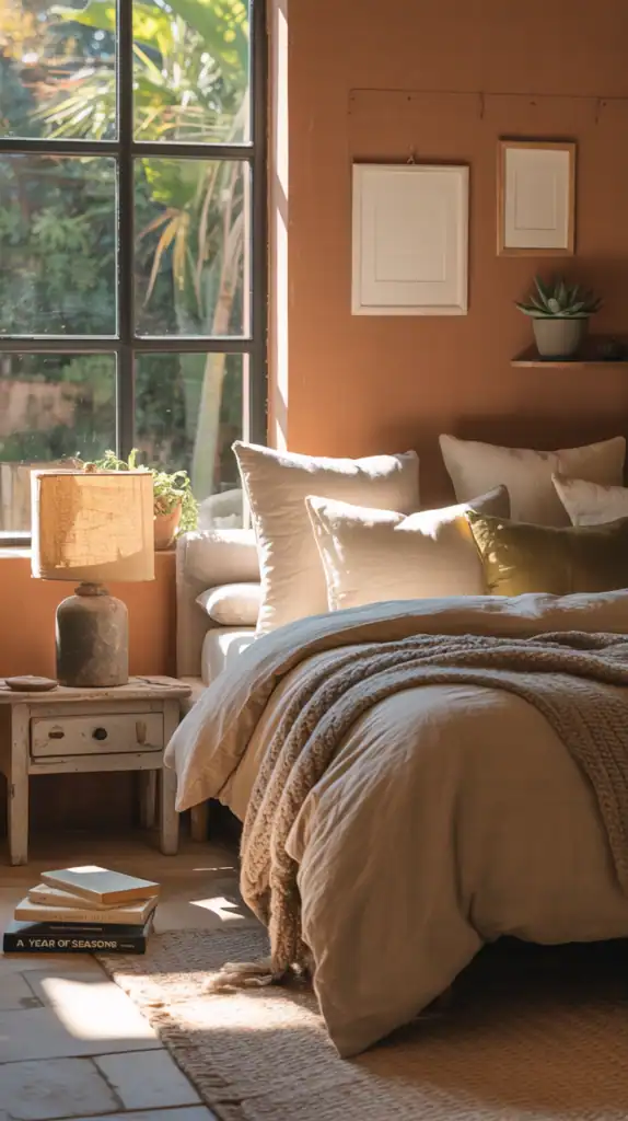 A cozy bedroom with warm terracotta walls, featuring a large window, soft bedding, and wooden furniture.