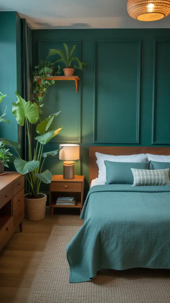 A cozy bedroom with emerald green walls, a teal bedspread, wooden furniture, and lush plants.