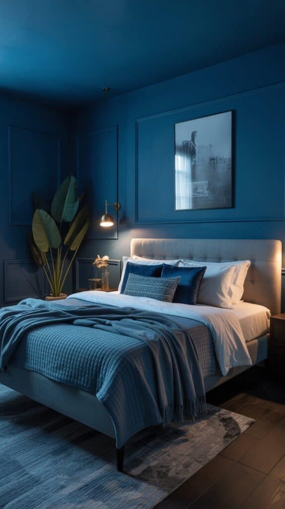 A moody indigo bedroom featuring deep blue walls, cozy bedding, and soft lighting.
