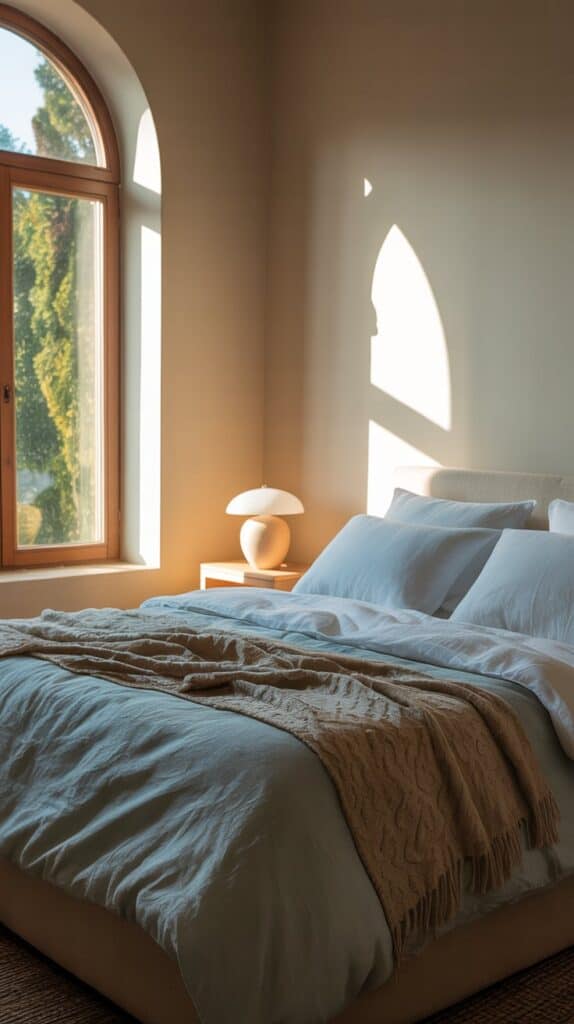 A serene bedroom featuring beige walls and blue bedding, with natural light streaming through the window.