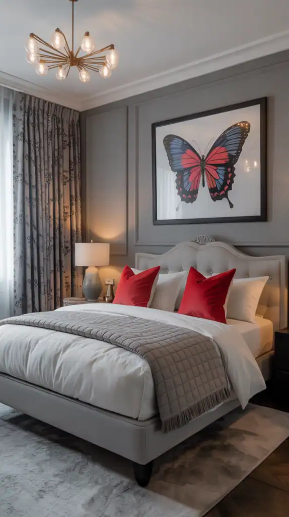A sophisticated gray bedroom featuring colorful accents, including red pillows and a butterfly artwork.
