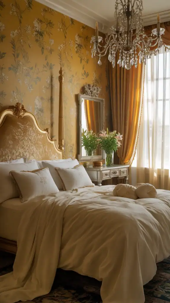 A beautifully decorated bedroom with golden yellow walls, curtains, and a chandelier, creating a warm and inviting atmosphere.
