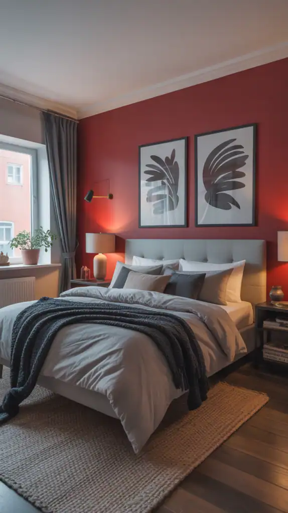 A bedroom with a red accent wall, gray bedding, and stylish decor.